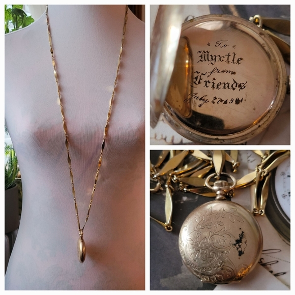 Vintage Jewelry - Relisted -Antique locket Myrtle MC 1901 gold watch case necklace Victorian
